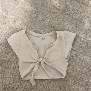 Cream Tie-Front Ribbed Top